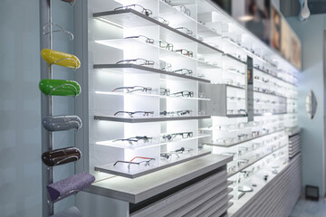 row of stylish glasses at an opticians. side view photo