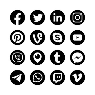 Social networks black icons. Facebook, tumblr, twitter, linkedin, whatsapp, instagram, pinterest, skype, youtube, telegram, viber, vimeo, messenger