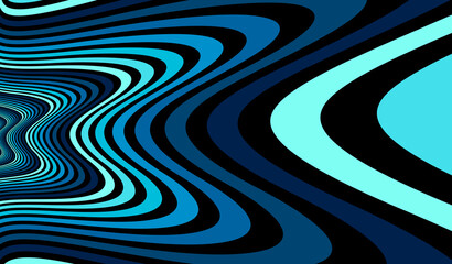 Psychedelic blue colored optical illusion lines vector insane art background, LSD hallucination delirium, surreal op art linear curves in hyper 3D perspective, hypnotic design. - obrazy, fototapety, plakaty