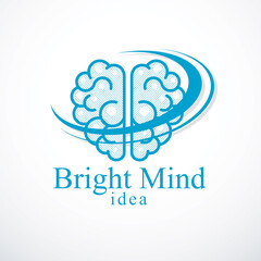 Obraz premium Bright Mind vector logo or icon with human anatomical brain. Thinking and brainstorming concept.