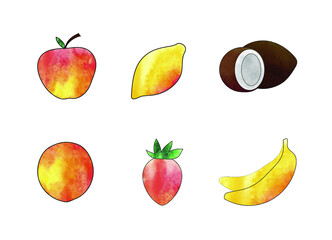 Vector fruits simple icons with watercolor textures isolated on white background.
