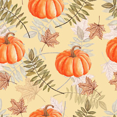 Seamless autumn pattern of leaves, pumpkins and maple leaves painted by watercolor. Autumn pattern with a Halloween theme.