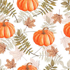 Seamless autumn pattern of leaves, pumpkins and maple leaves painted by watercolor. Autumn pattern with a Halloween theme.