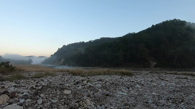 View of Ramganga river in morning mist. Dhikala, Jim Corbett National Park, India