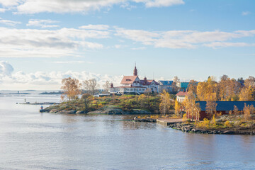 Fototapeta na wymiar View to Luoto (Klippan) island and coastal part of Helsinki in autumn, Finland