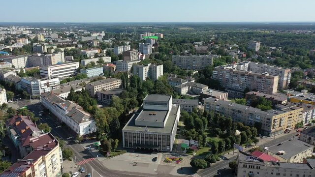 Aerial view of the city of Zhytomyr. View of the city from a height. Summer city of Zhytomyr