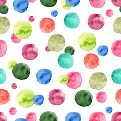 Seamless pattern of circles drawn by watercolor on a white background. Illustration of watercolor multi-colored circles.