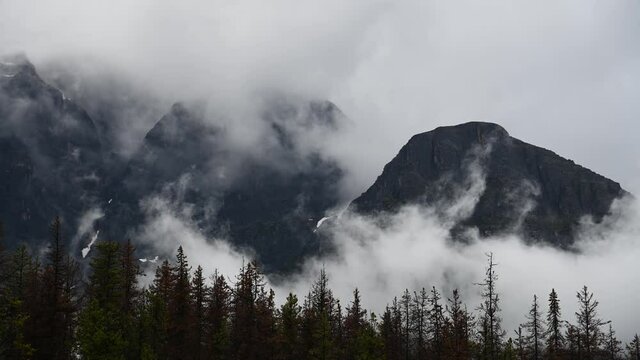 Time lapse of fog moving between a forest and blue-grey mountains.  Scattered snow patches can be seen on the mountain.
