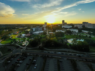 Aerial photo sunset Cascades Park Downtown Tallahassee FL USA