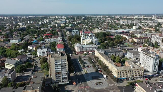 Aerial view of the city of Zhytomyr. View of the city from a height. Summer city of Zhytomyr