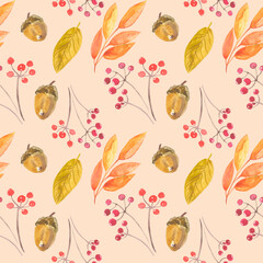 Watercolor autumn pattern. Hand-painted autumn leaves, rosehip berries, acorns and pumpkins, on a light background, perfect for textiles, packaging, cozy home decor