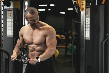Fototapeta na wymiar Muscular bodybuilder during his workout in the gym