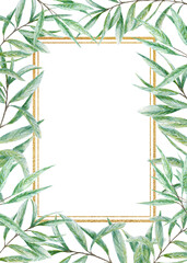 Greenery Watercolor leaves gold frame, Realistic olives tree branch illustration on white background, Hand painted wedding invitation. Border design for poster, greeting card, label concept.