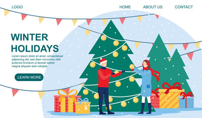 Obraz na płótnie Canvas Winter holidays concept. A young happy couple making snowballs on the background of gift boxes and Christmas trees decorated with toys. Web page template. Flat vector illustration.