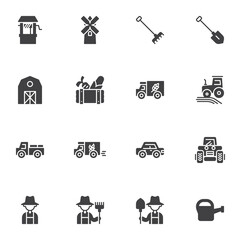 Agriculture and farming vector icons set, modern solid symbol collection, filled style pictogram pack. Signs, logo illustration. Set includes icons as farmers, harvester truck, tractor and field