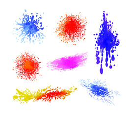 Vector paint splashes set isolated on white background, colorful design elements, textured watercolor platters.
