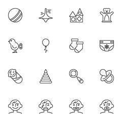 Baby related line icons set, outline vector symbol collection, linear style pictogram pack. Signs, logo illustration. Set includes icons as newborn baby toys, clothes, diaper, pacifier, rattle