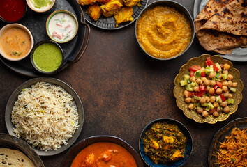 Variety of Indian food, different dishes and snacks on dark rustic background. Pilaf, butter chicken curry, rice, palak paneer, chicken tikka, dal soup, naan bread, assortment of chutney. Copy space.