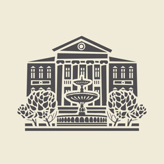 Icon or stencil of a stylized old two-storey building with columns, a fountain and trees. Decorative vector illustration in flat style, isolated on a light background