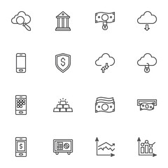 Banking, finance line icons set, outline vector symbol collection, linear style pictogram pack. Signs, logo illustration. Set includes icons as dollar money bill, mobile bank, gold bars, deposit box