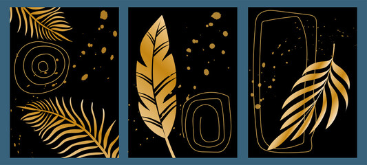 Obraz premium Set of trendy creative black abstract templates. Hand drawn plant elements, splashes and scribbles of various shapes in golden color. Modern vector backgrounds for social media posts, mobile and web