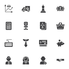 Office business vector icons set, modern solid symbol collection, filled style pictogram pack. Signs, logo illustration. Set includes icons as business graph, office chair, businessman, user contact