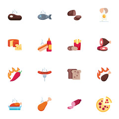Junk food collection, flat icons set, Colorful symbols pack contains - french fries, pizza, hot dog, hot chilli pepper, sausage, frying chicken leg, bread. Vector illustration. Flat style design