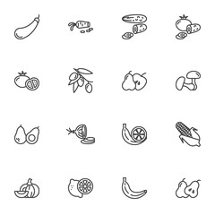 Fruit and vegetable line icons set, healthy food outline vector symbol collection, linear style pictogram pack. Signs, logo illustration. Set includes icons as apple, banana, mushroom, olive, tomato