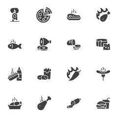 Junk food vector icons set, modern solid symbol collection, filled style pictogram pack. Signs, logo illustration. Set includes icons as pizza, burger, french fries, frying sausage, hot dog, soda