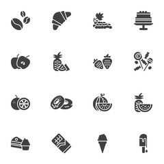 Dessert food vector icons set, modern solid symbol collection, filled style pictogram pack. Signs, logo illustration. Set includes icons as sweets, candies, grapes fruit, apple, ice cream, cake, donut