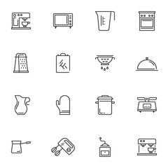 Kitchenware line icons set, kitchen utensils outline vector symbol collection, linear style pictogram pack. Signs, logo illustration. Set includes icons as coffee machine, microwave oven, gas stove