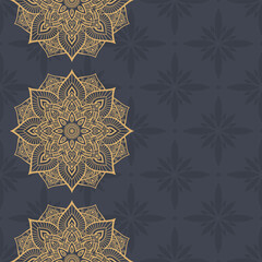 Seamless border pattern with mandalas. Mehndi lace borders. Endless texture. Space for text. Vector color background.