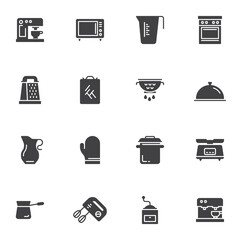 Kitchenware vector icons set, kitchen utensils modern solid symbol collection, filled style pictogram pack. Signs, logo illustration. Set includes icons as coffee machine, microwave oven, gas stove