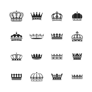 Collection of black crown icons. Heraldic vector elements.