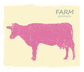 Cow Farm animal silhouette. Vector vintage symbol cow on old paper background for design