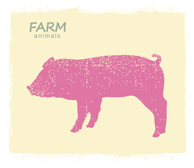 Pig Farm animal silhouette. Vector vintage pig on old paper background for design.