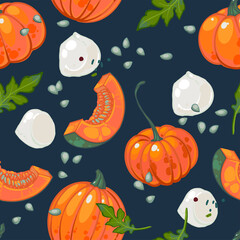 Seamless hand drawn pattern of salad with pumpkin, arugula and cheese on a dark background. Italian salad with pumpkin. Italian Cuisine. Background for the menu.
