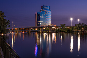 purple skies reflecting in the lake during the blue hour
