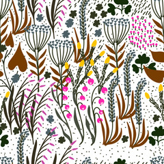 Hand drawn doodle flowers background. Seamless scandinavian pattern for fabric, textile. Blooming floral vector Illustration for wrapping paper, wallpaper. 