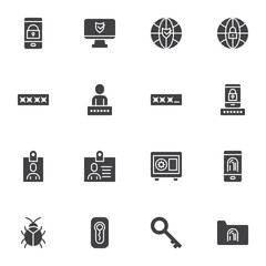 Protection and security vector icons set, modern solid symbol collection, filled style pictogram pack. Signs, logo illustration. Set includes icons as cyber security, password code, fingerprint scan