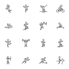 Sport, activity line icons set, summer and winter sport outline vector symbol collection, linear style pictogram pack. Signs, logo illustration. Set includes icons as ski, snowboard, gymnastics, swim