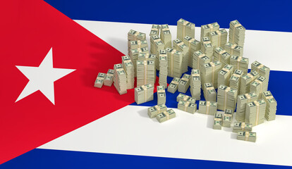 Stacks of 100 Dollar banknotes on Cuba national flag. 3D Rendering