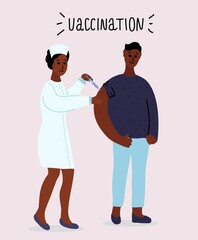 African black nurse vaccinates man. Routine vaccination. Protection against flu, coronavirus. Syringe, uniform. cartoon vector illustration isolated on white background.