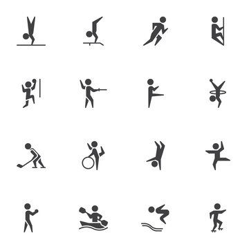 Olympic sport vector icons set, modern solid symbol collection, filled style pictogram pack. Signs, logo illustration. Set includes icons as fencing sport, volleyball, hockey, gymnastics, athletics