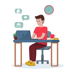 Vector illustration: office concept, man working from home, student or freelancer. Man checks the social network.