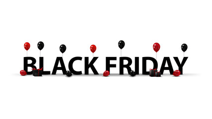 Black Friday logo, sign, symbol. 3D title with black gifts and balloons isolated on white background