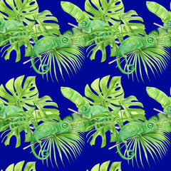 Fototapeta na wymiar Watercolor illustration seamless pattern of tropical leaves and chameleon. Perfect as background texture, wrapping paper, textile or wallpaper design. Hand drawn