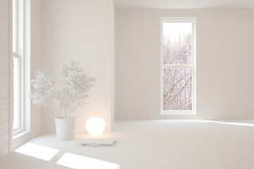 Empty room in white color. Scandinavian interior design. 3D illustration