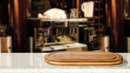 Desk of free space and cafe interior 