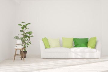 White living room with sofa. Scandinavian interior design. 3D illustration